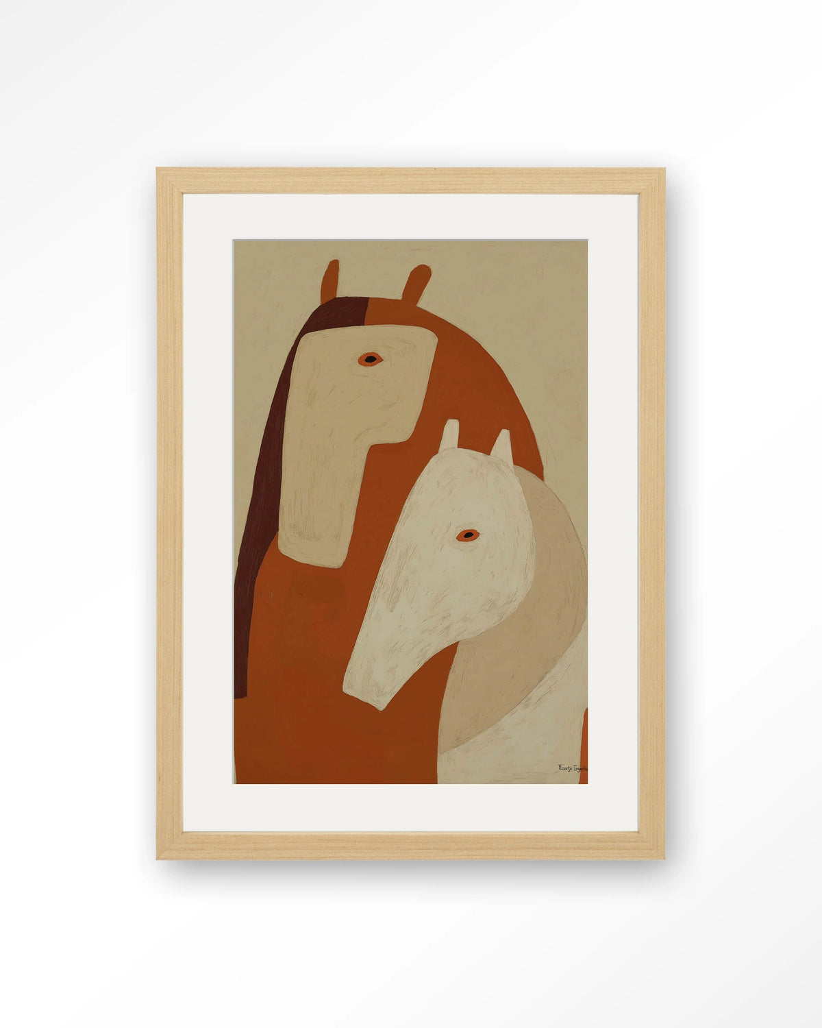 Held By Her – twee paarden in aardetinten – Art print – Hout naturel + passe-partout
