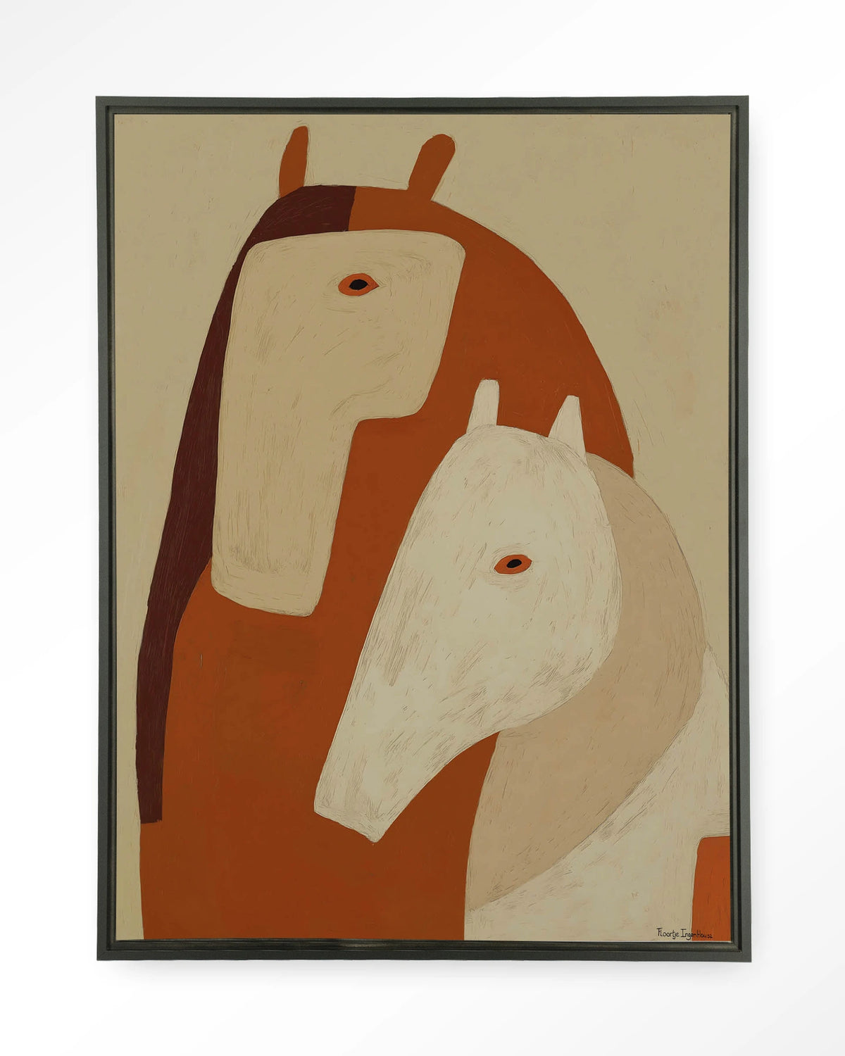 Held By Her – twee paarden in aardetinten – Wandkleed – Floating frame – zwart