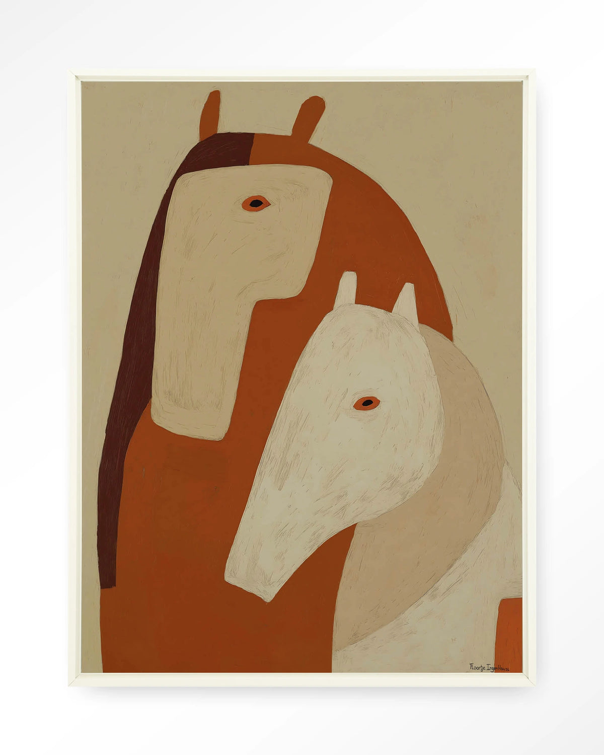 Held By Her – twee paarden in aardetinten – Wandkleed – Floating frame – wit