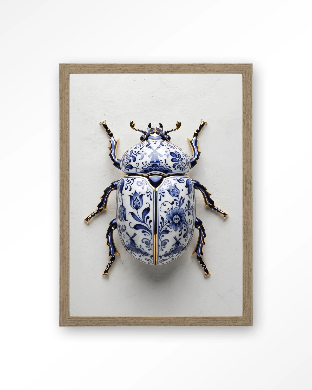 Blue Beatle – kever in Delfts blauw – Art print – Hout bruin