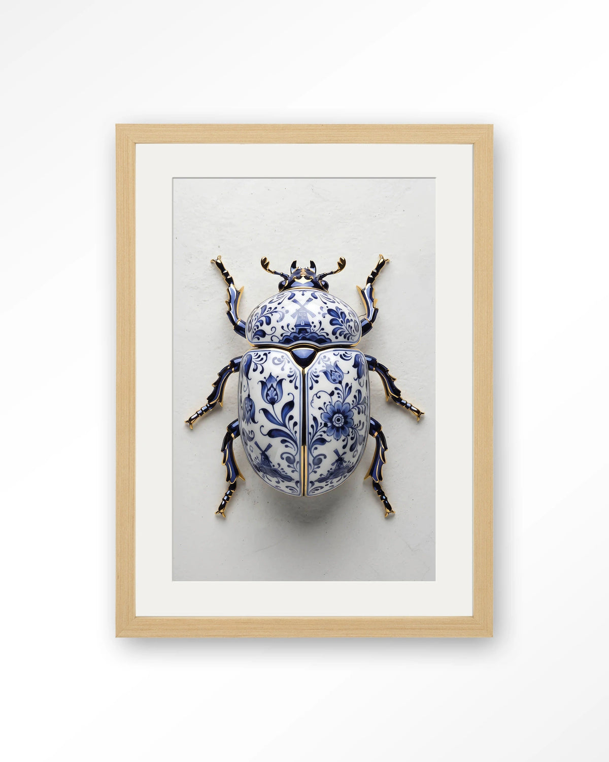 Blue Beatle – kever in Delfts blauw – Art print – Hout naturel + passe-partout