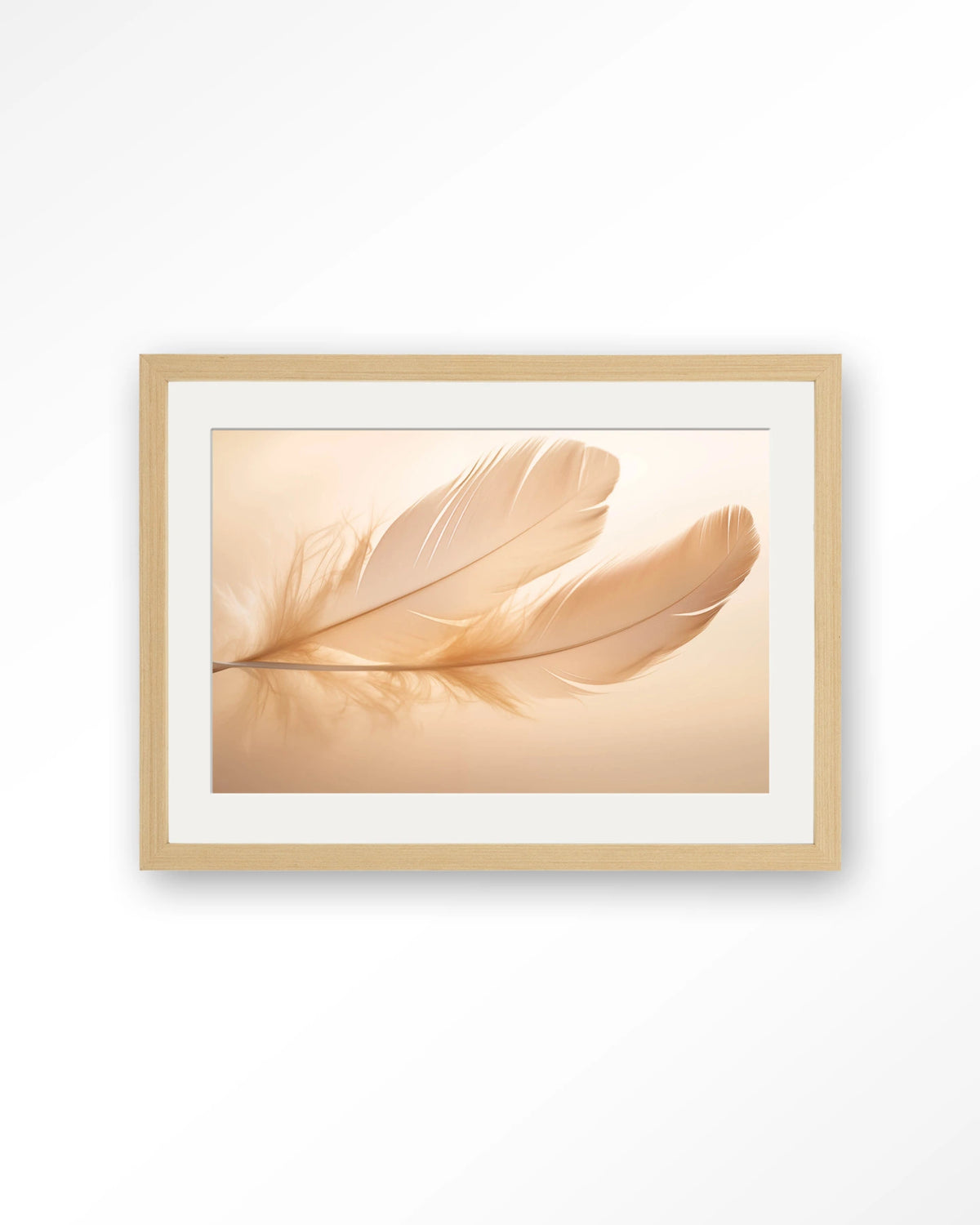 Light Feather – veer in zachte tinten – Art print – Hout naturel + passe-partout
