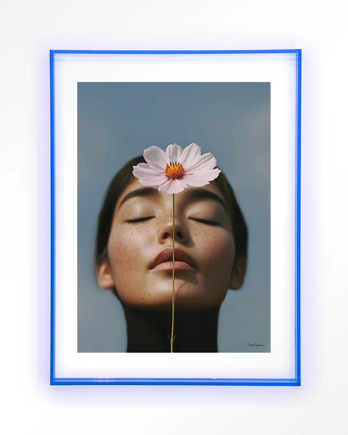 Cosmos – vrouw met roze cosmosbloem – Art print – Acryl lichtblauw