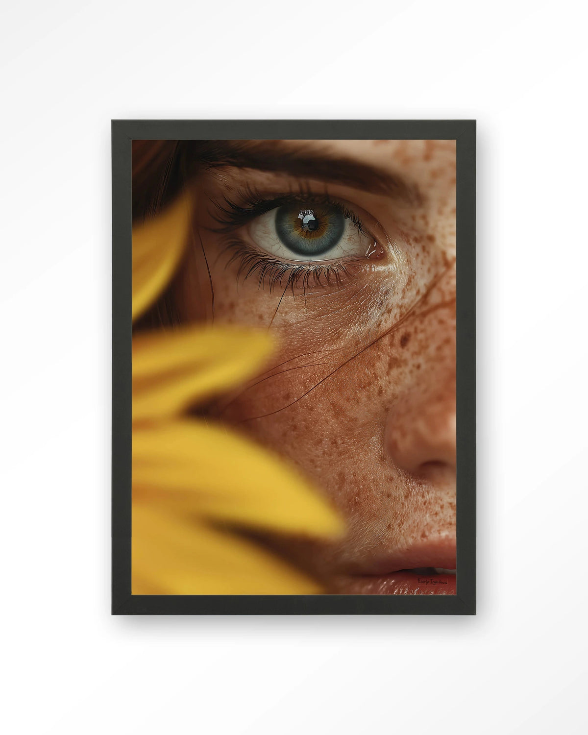 Sunflower – oog met zonnebloem close-up – Art print – Hout zwart