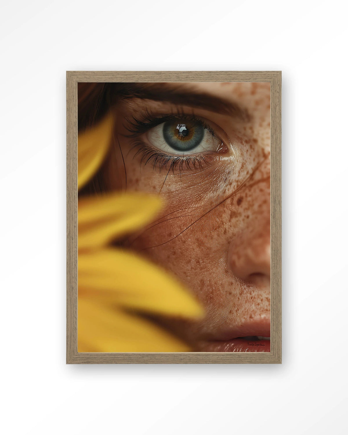 Sunflower – oog met zonnebloem close-up – Art print – Hout bruin