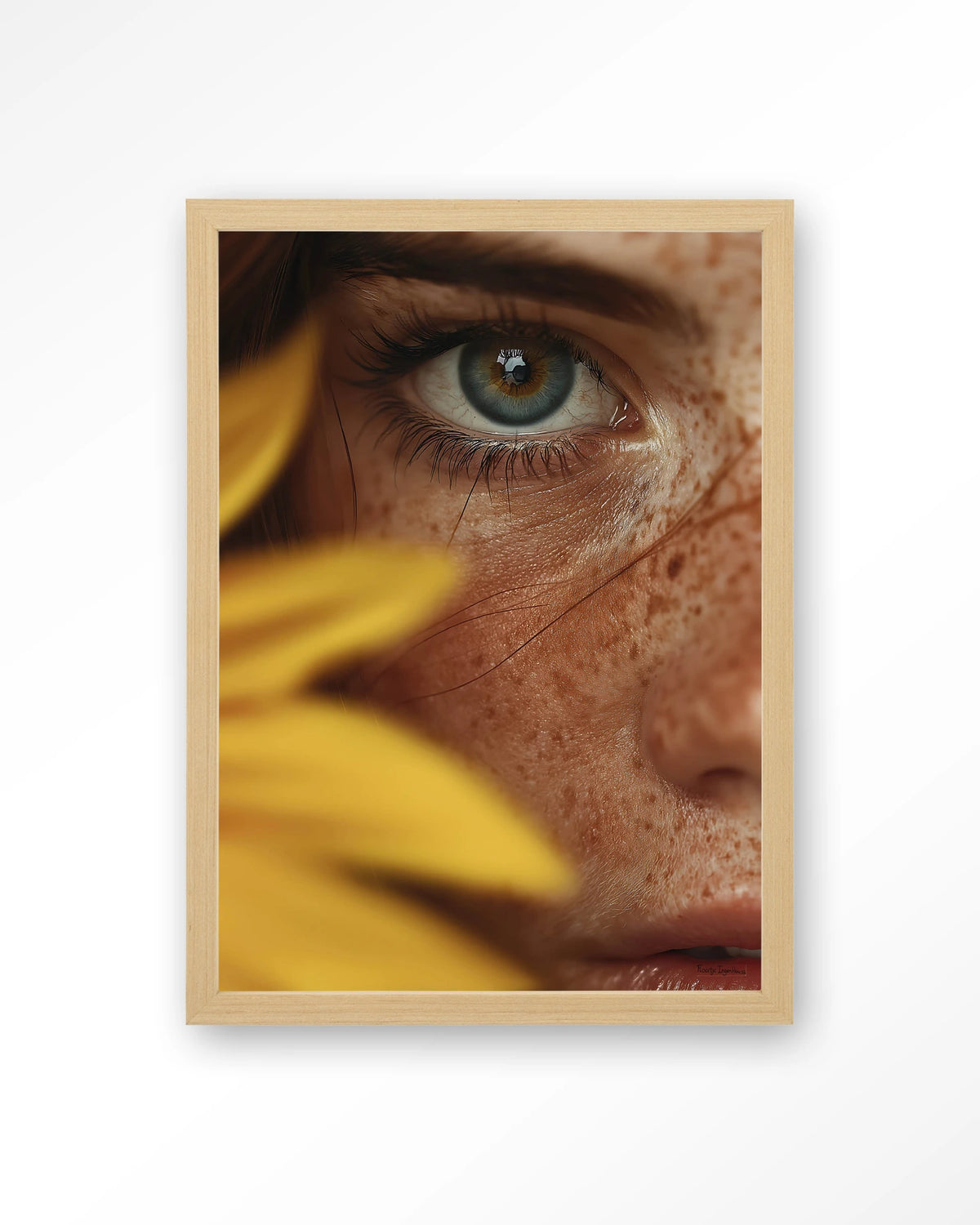 Sunflower – oog met zonnebloem close-up – Art print – Hout naturel