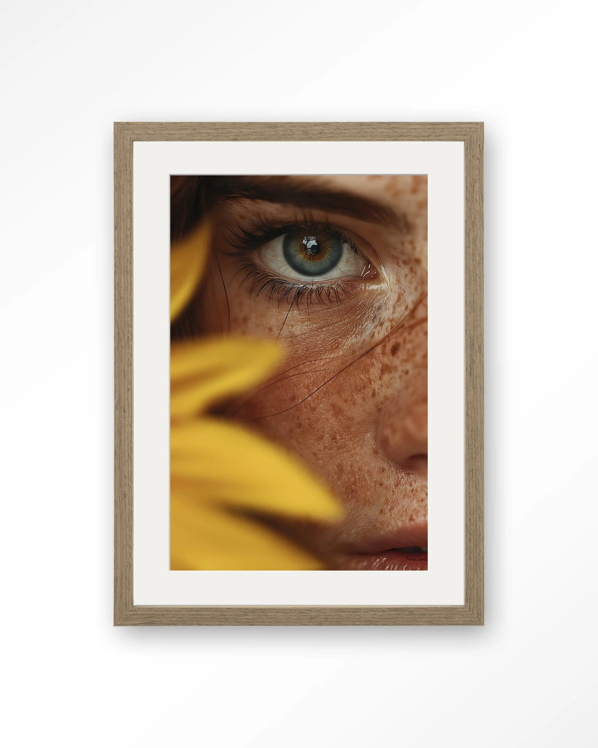 Sunflower – oog met zonnebloem close-up – Art print – Hout bruin + passe-partout
