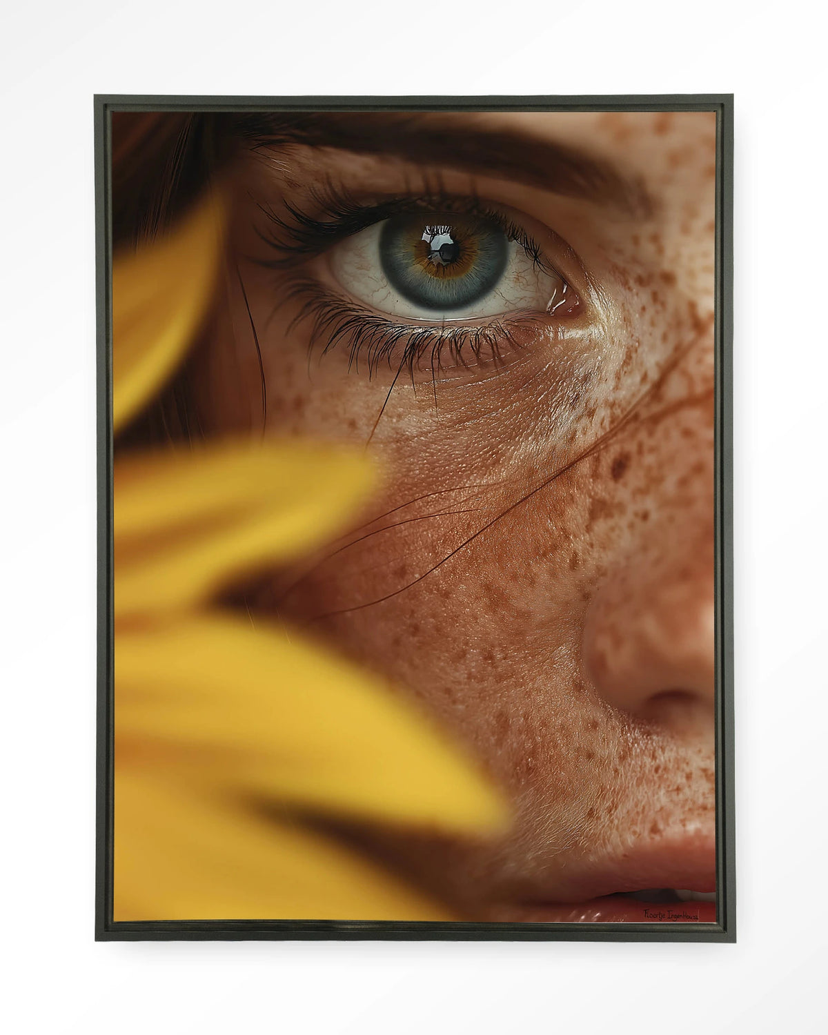 Sunflower – oog met zonnebloem close-up – Wandkleed – Floating frame – zwart