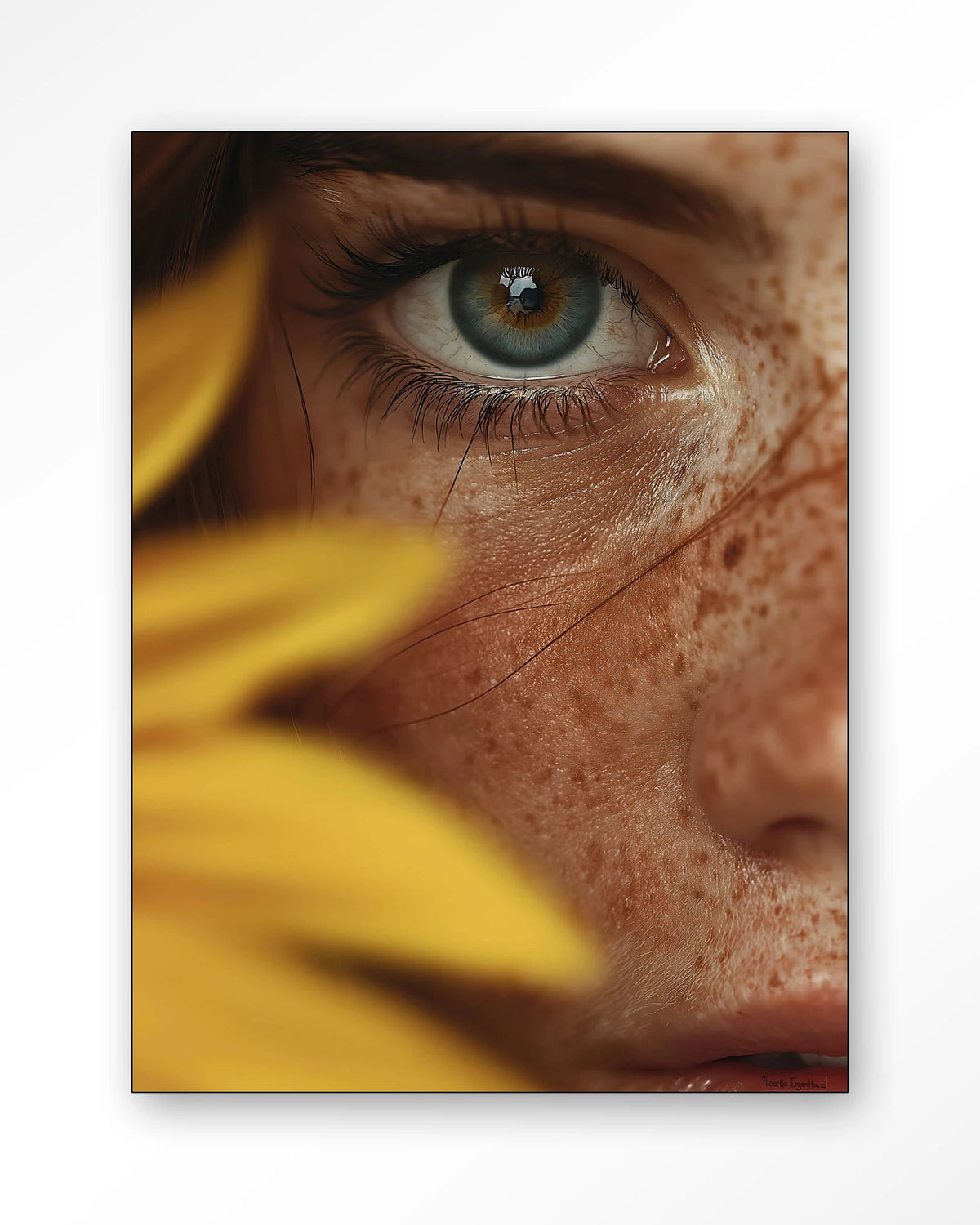 Sunflower – oog met zonnebloem close-up – Wandkleed – Frame – zwart