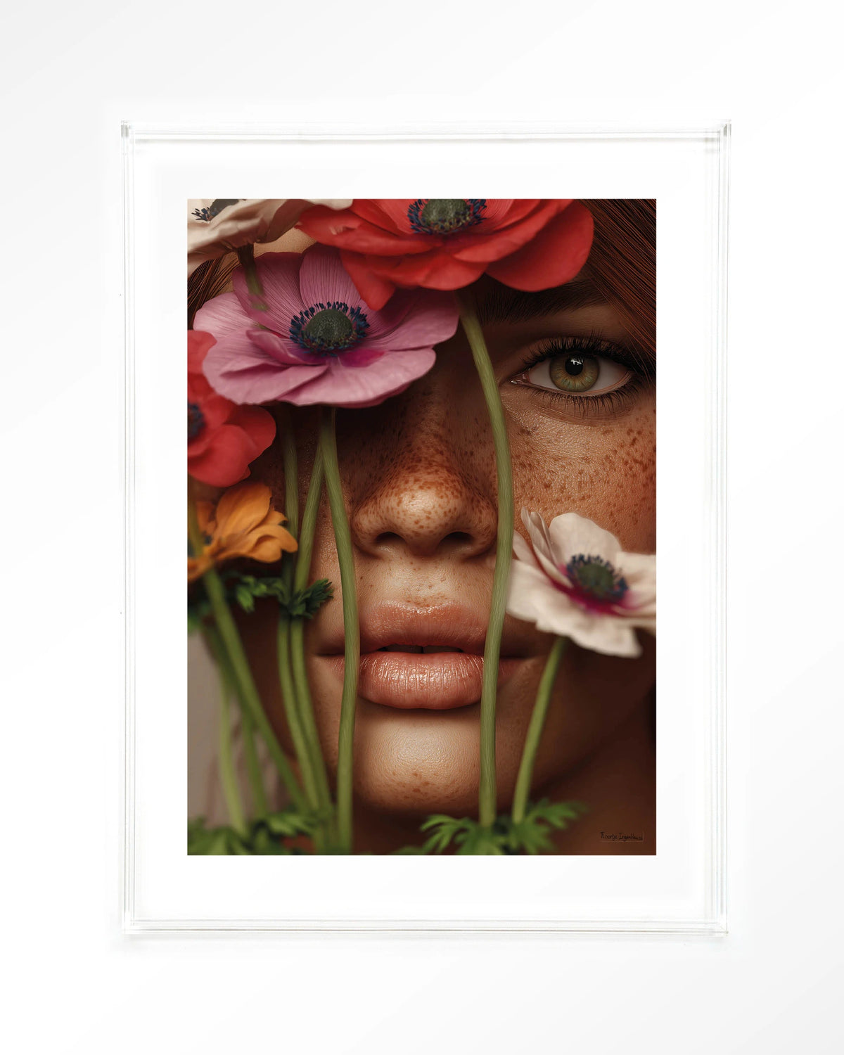 Anemone – vrouw met anemonen voor gezicht – Art print – Acryl doorzichtig