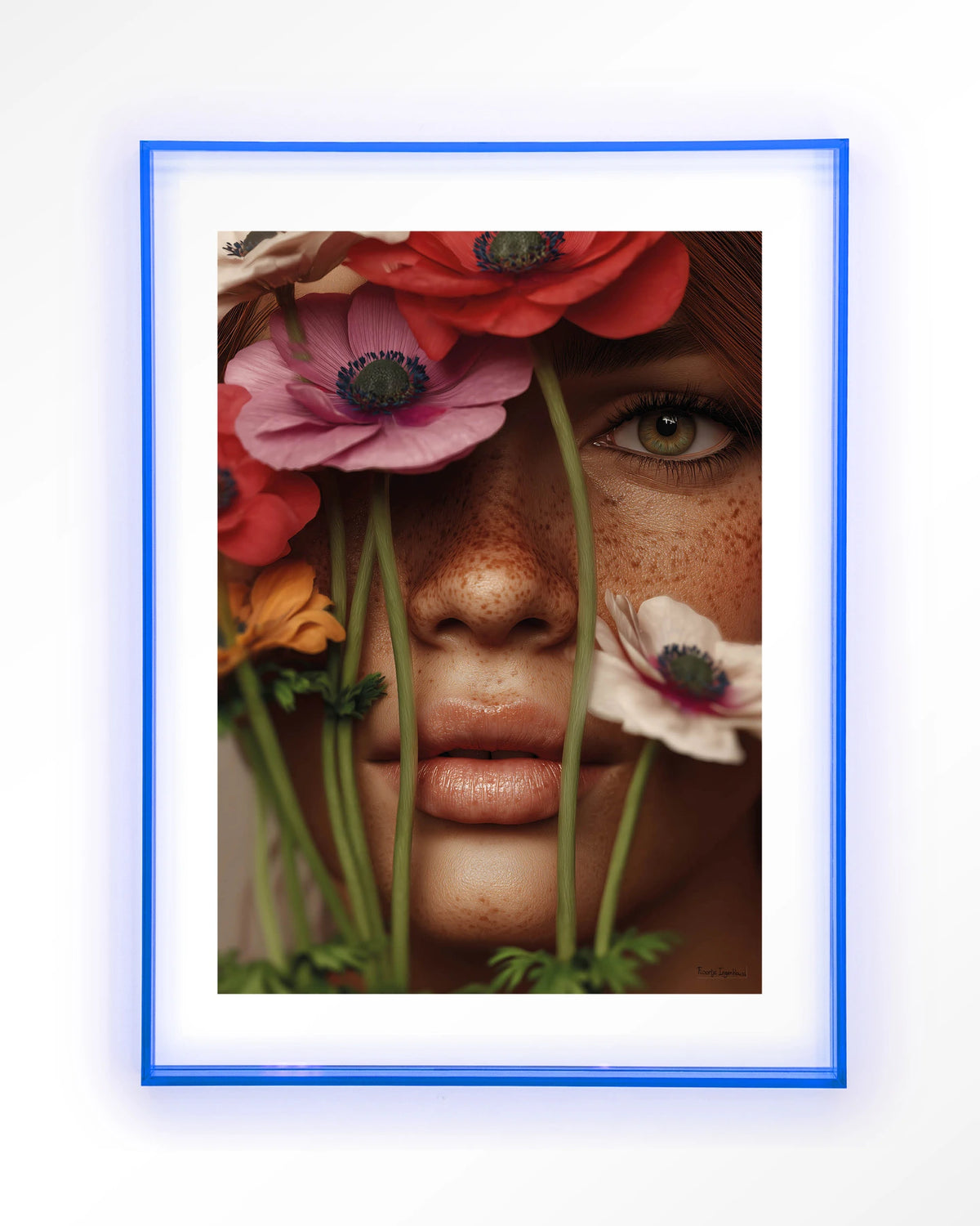 Anemone – vrouw met anemonen voor gezicht – Art print – Acryl lichtblauw