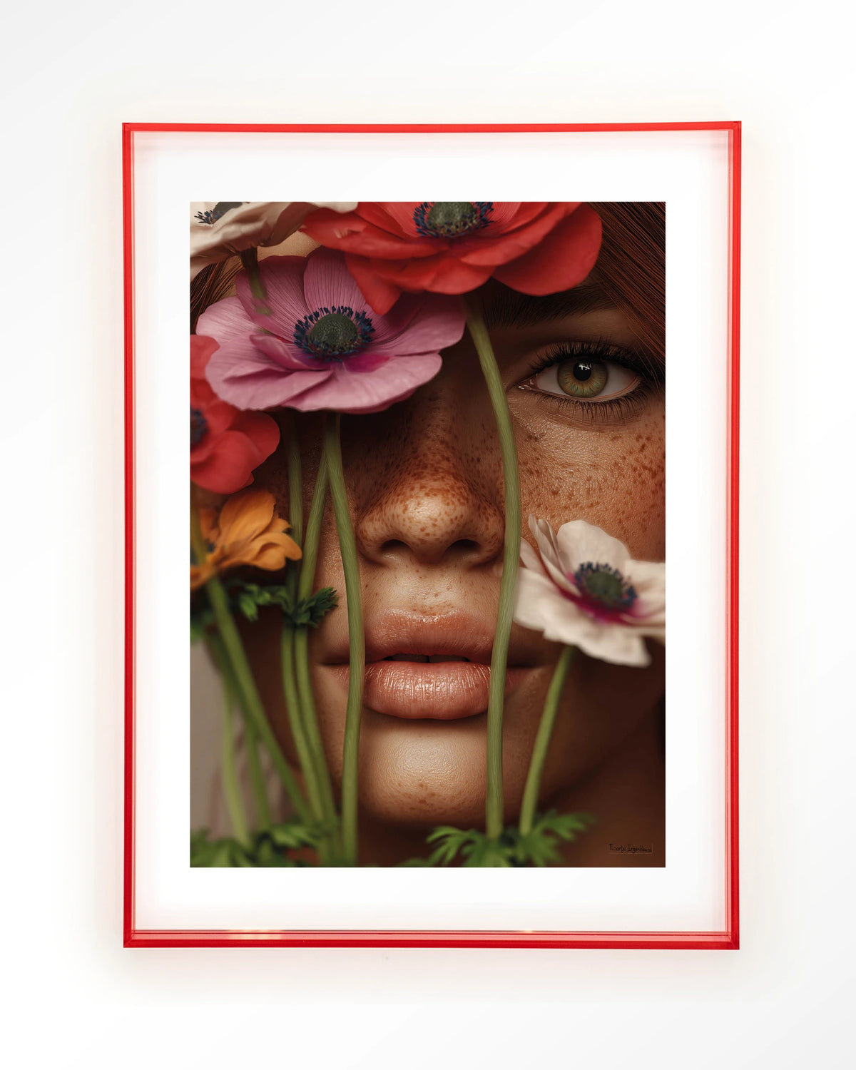 Anemone – vrouw met anemonen voor gezicht – Art print – Acryl roze