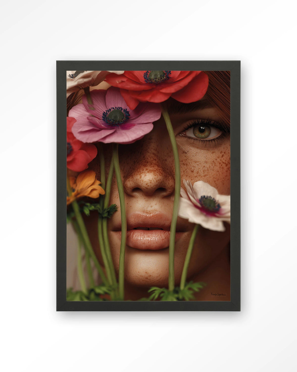 Anemone – vrouw met anemonen voor gezicht – Art print – Hout zwart