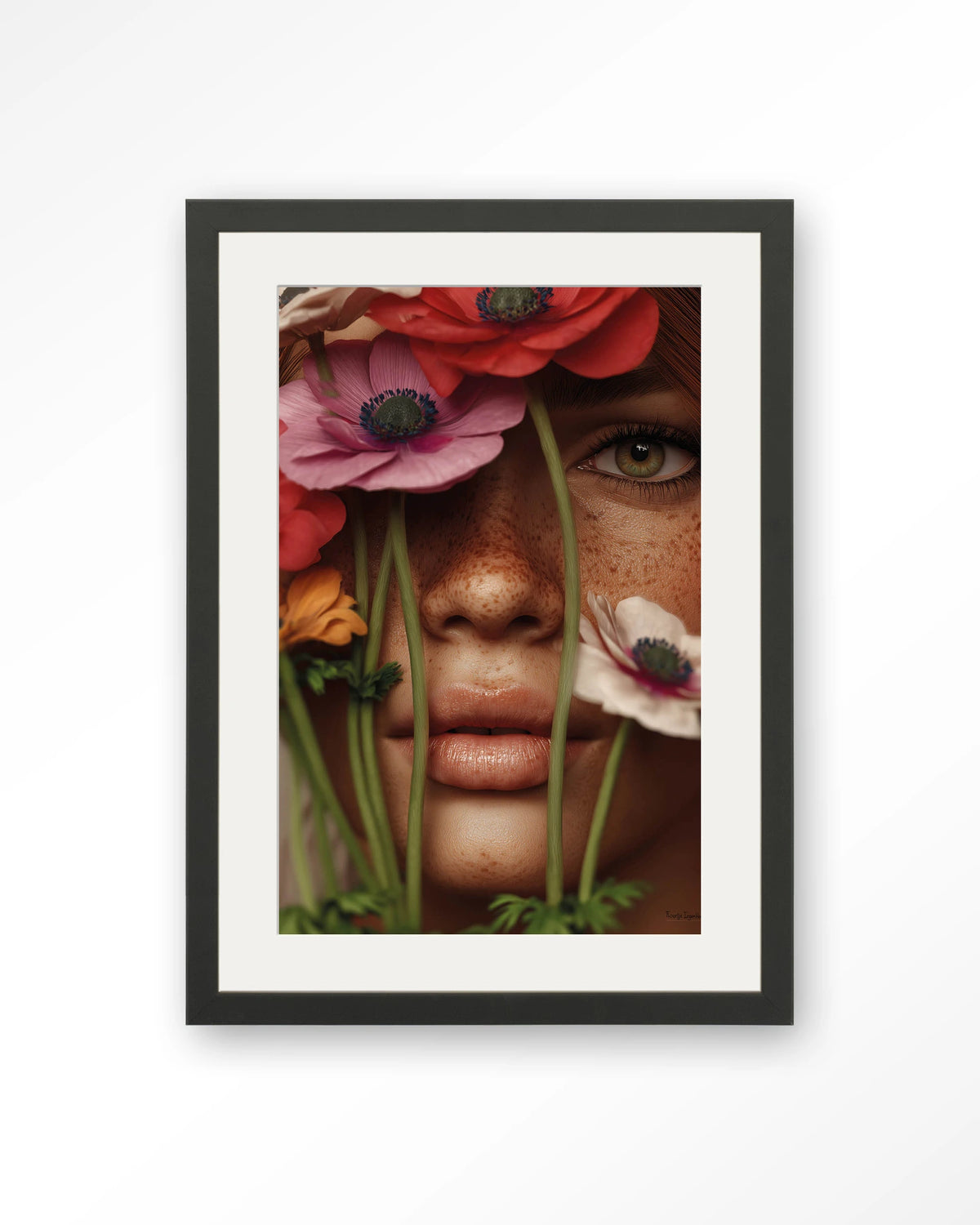 Anemone – vrouw met anemonen voor gezicht – Art print – Hout zwart + passe-partout