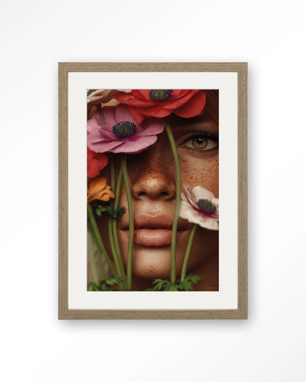 Anemone – vrouw met anemonen voor gezicht – Art print – Hout bruin + passe-partout