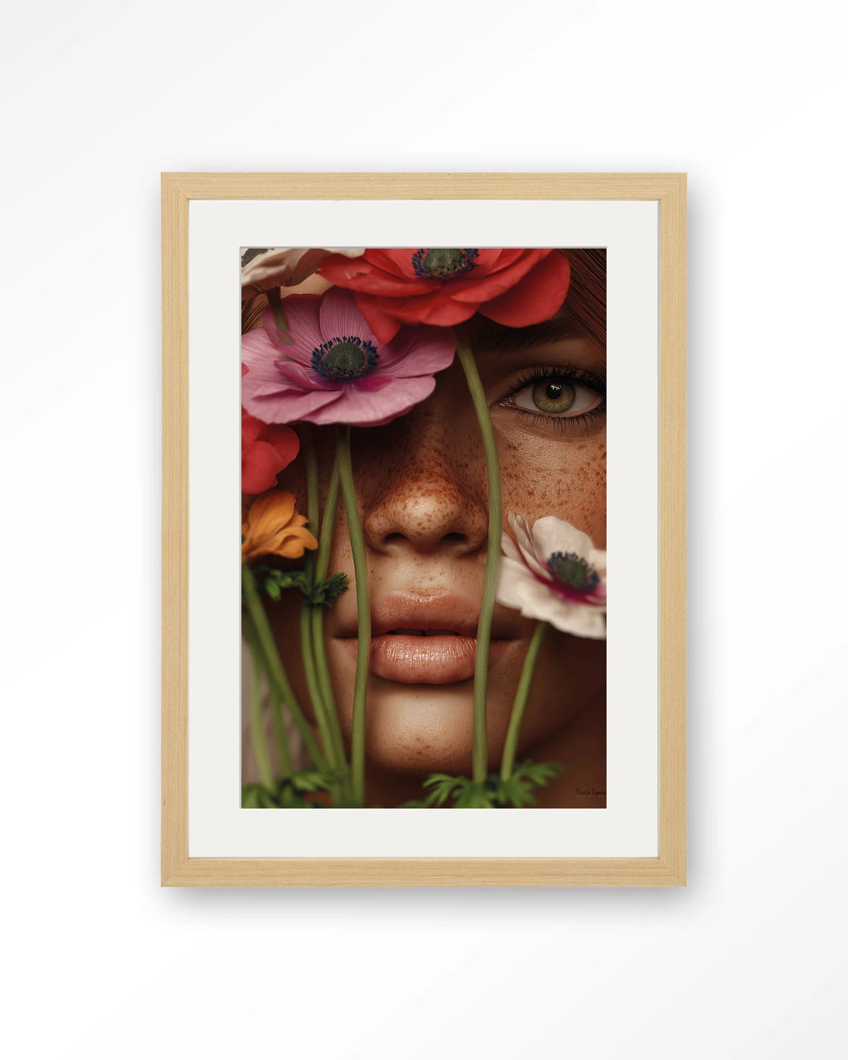 Anemone – vrouw met anemonen voor gezicht – Art print – Hout naturel + passe-partout