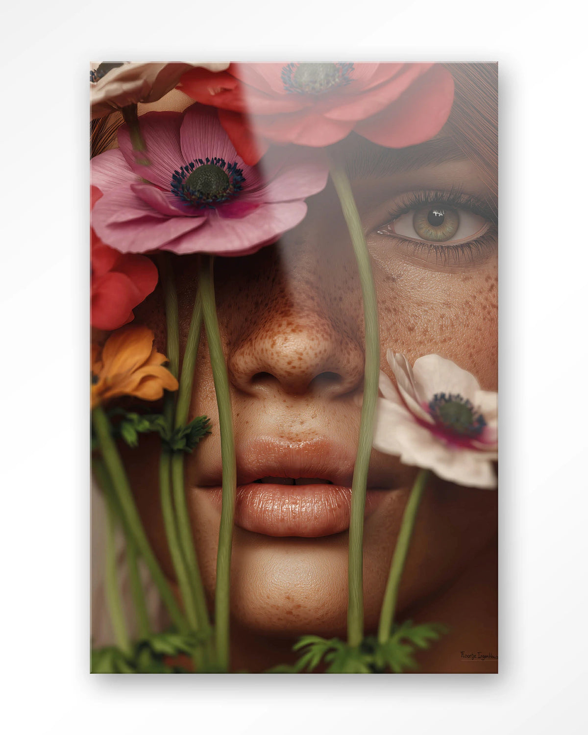 Anemone – vrouw met anemonen voor gezicht – Glas – Blinde montage