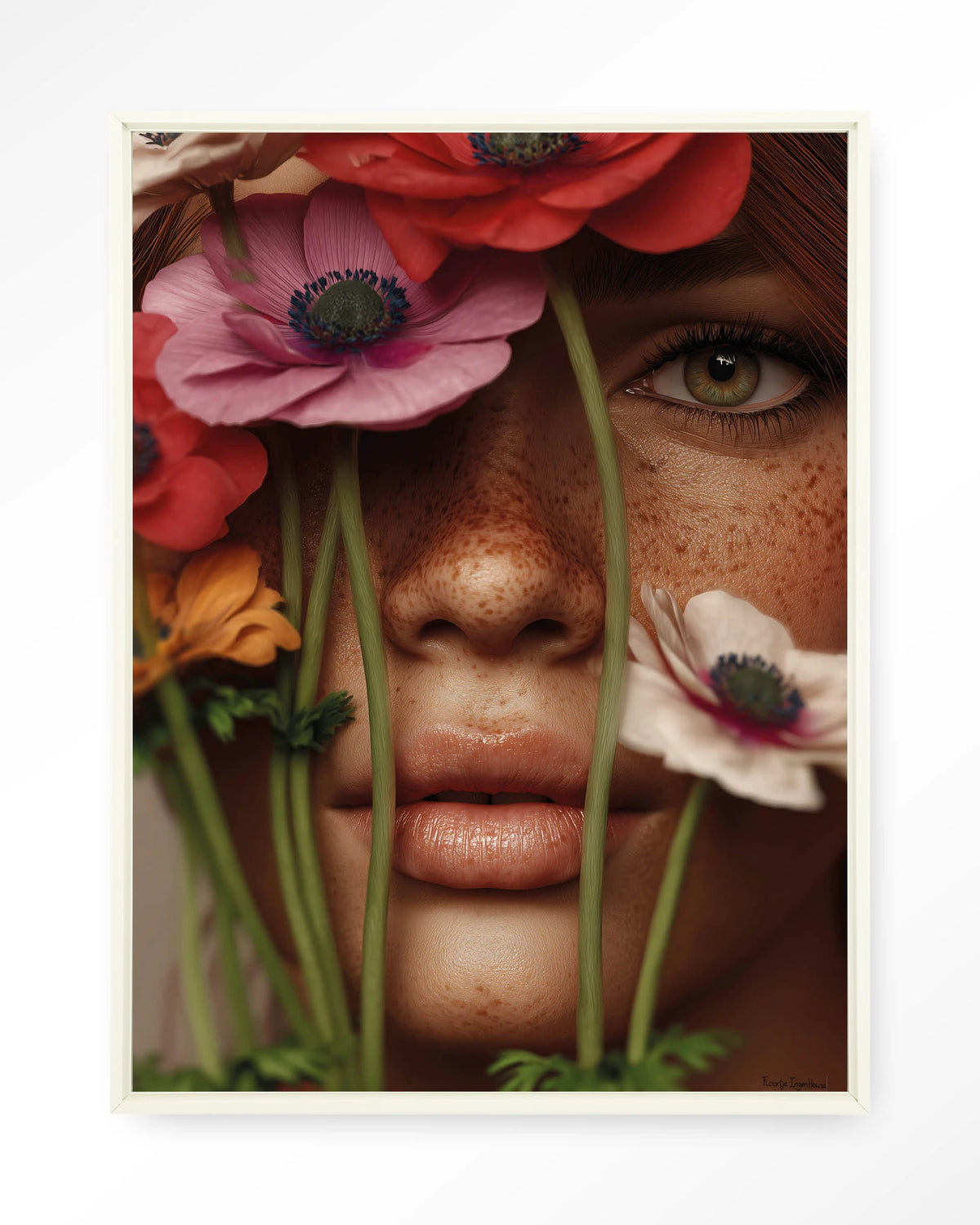 Anemone – vrouw met anemonen voor gezicht – Wandkleed – Floating frame – wit