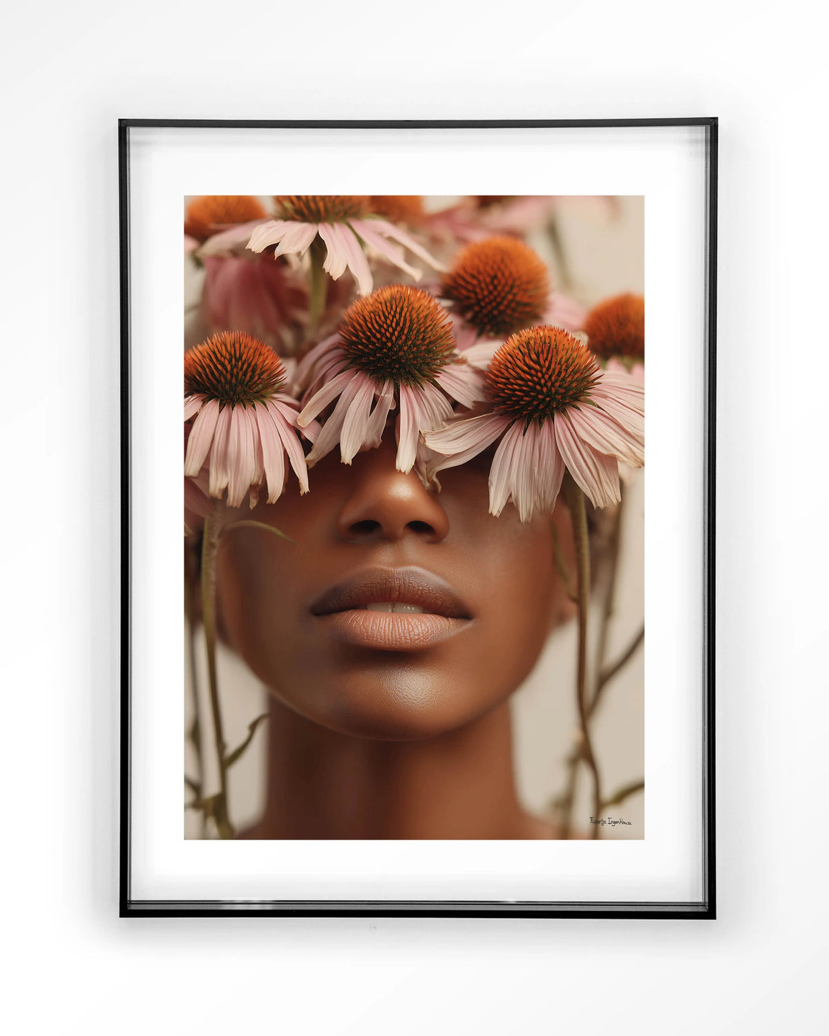 Coneflower – vrouw met bloemen voor ogen – Art print – Acryl zwart