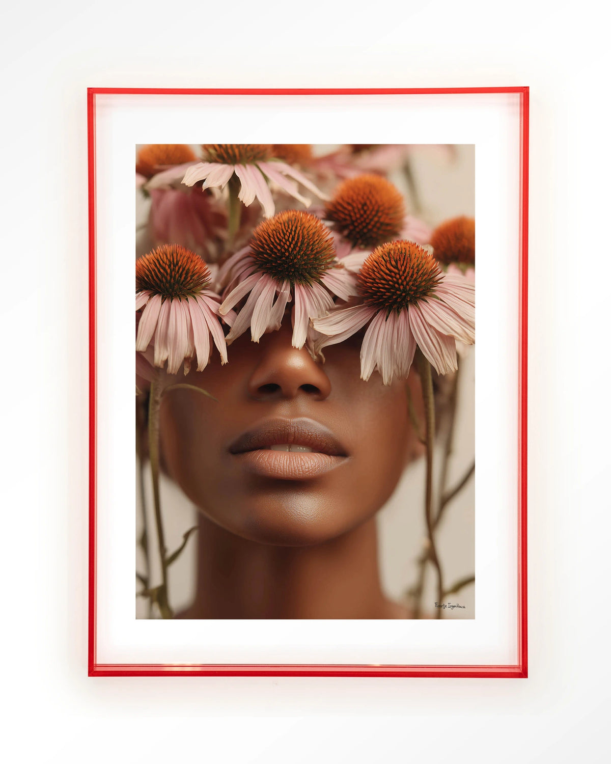 Coneflower – vrouw met bloemen voor ogen – Art print – Acryl roze