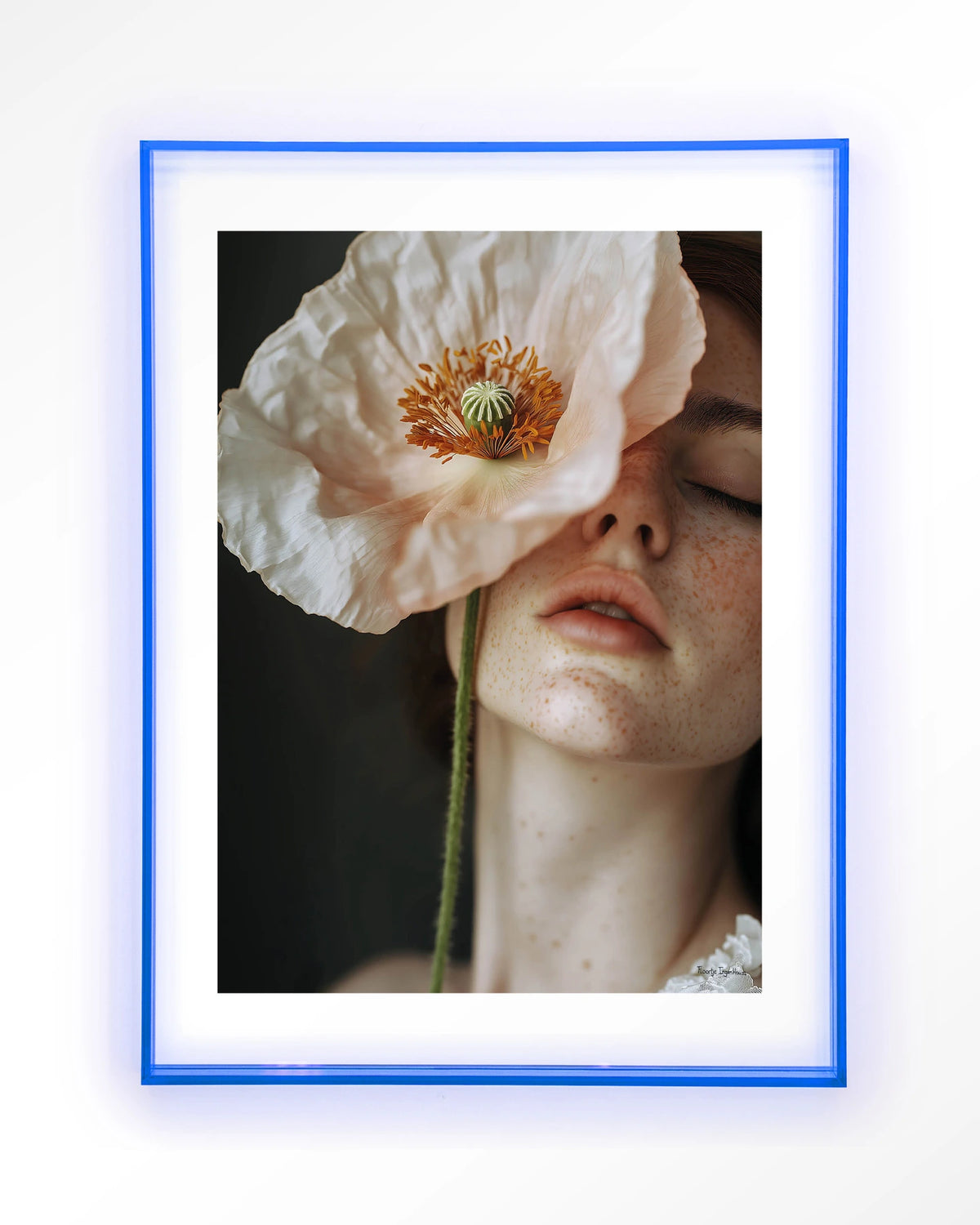 Poppy Flower – vrouw met klaproos – Art print – Acryl lichtblauw