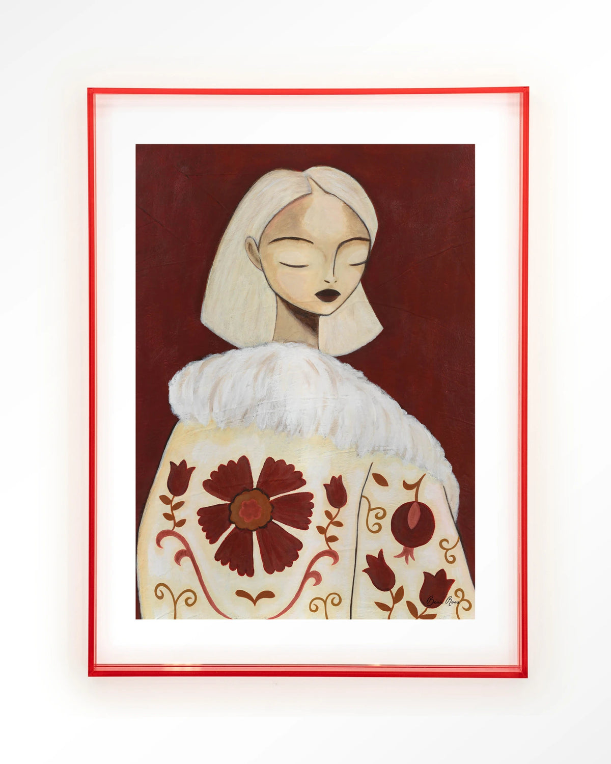 Details Of Life – portret van vrouw met bontkraag – Art print – Acryl roze