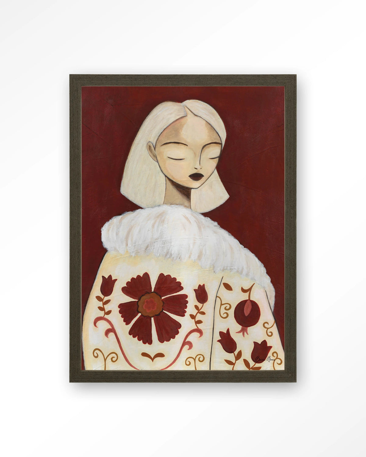 Details Of Life – portret van vrouw met bontkraag – Art print – Hout donkerbruin