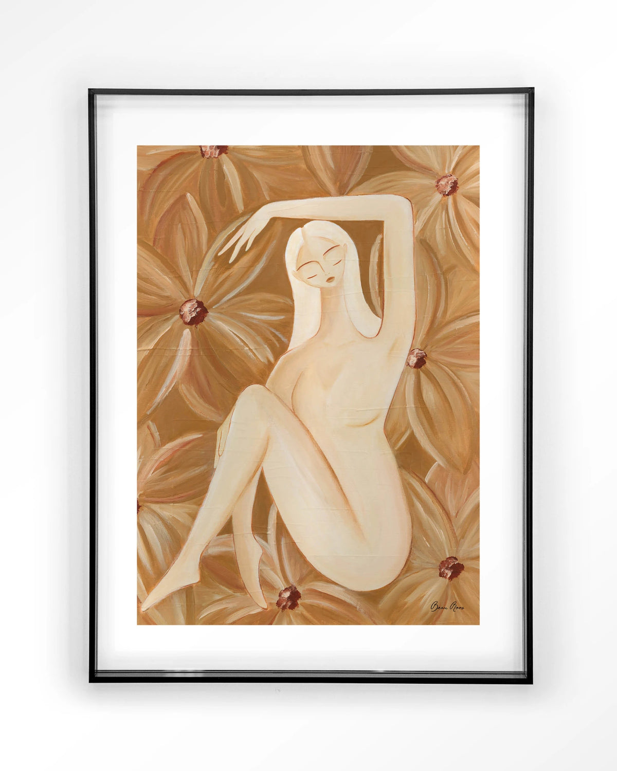 Freely Blooming – vrouw in bruine bloemen – Art print – Acryl zwart