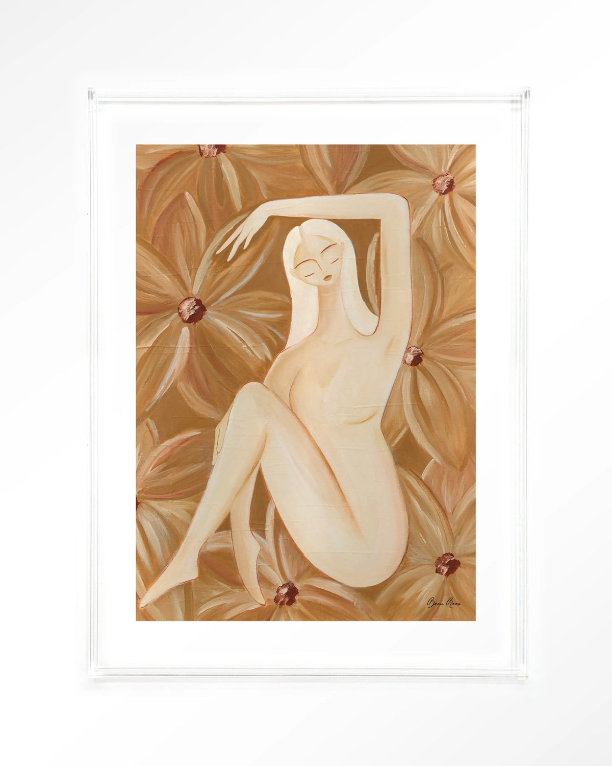 Freely Blooming – vrouw in bruine bloemen – Art print – Acryl doorzichtig