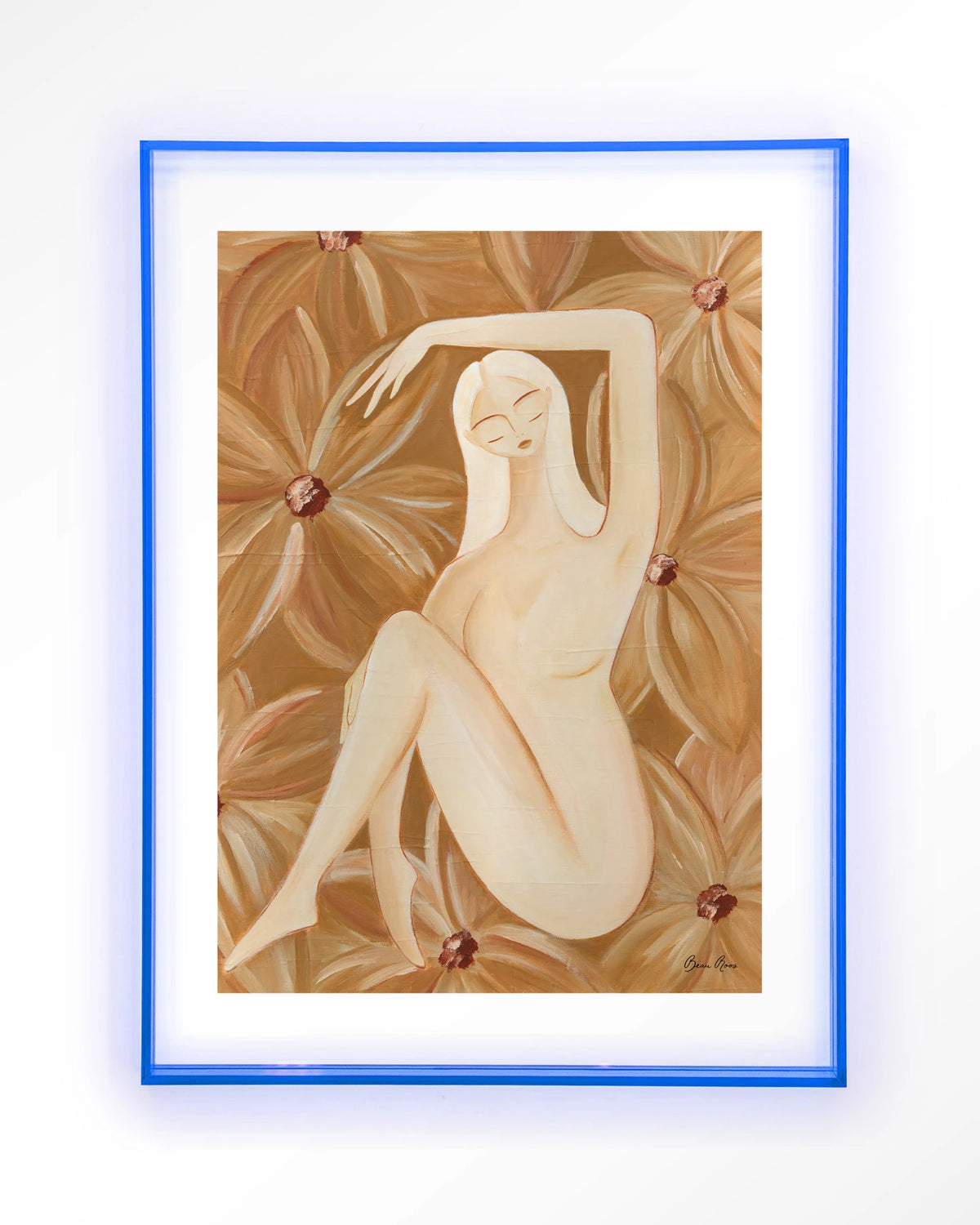 Freely Blooming – vrouw in bruine bloemen – Art print – Acryl lichtblauw