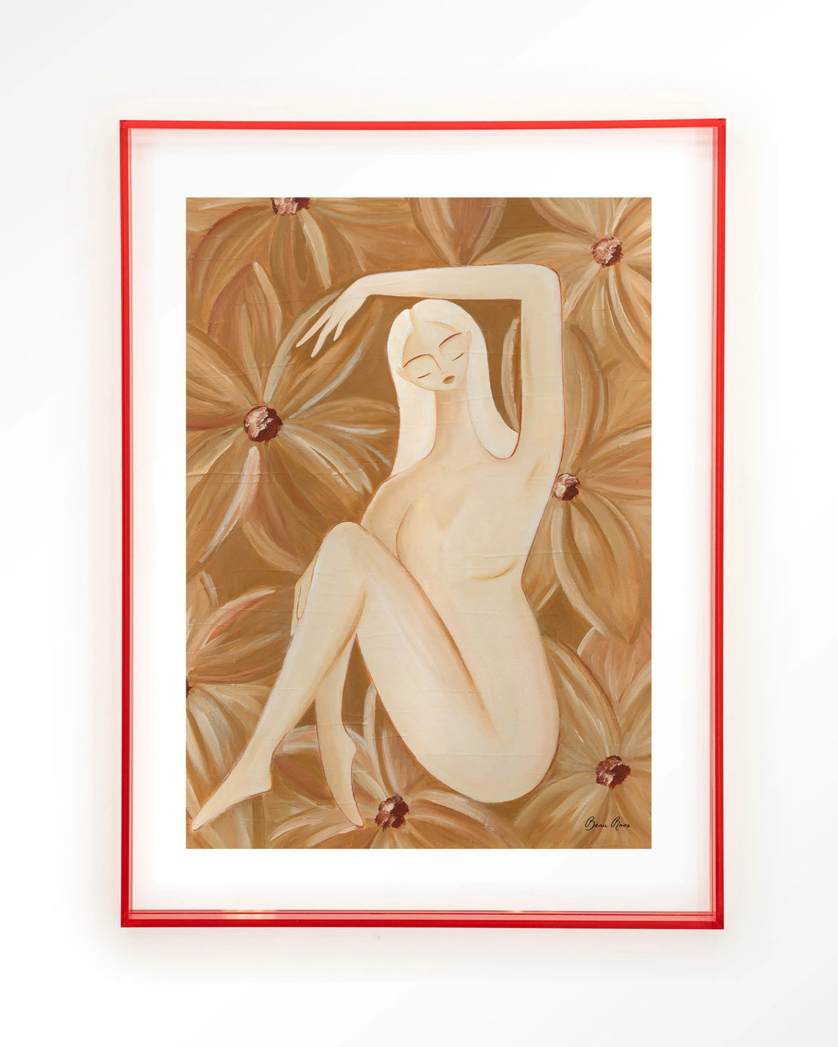 Freely Blooming – vrouw in bruine bloemen – Art print – Acryl roze