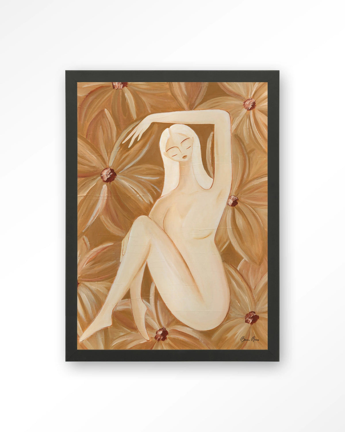 Freely Blooming – vrouw in bruine bloemen – Art print – Hout zwart