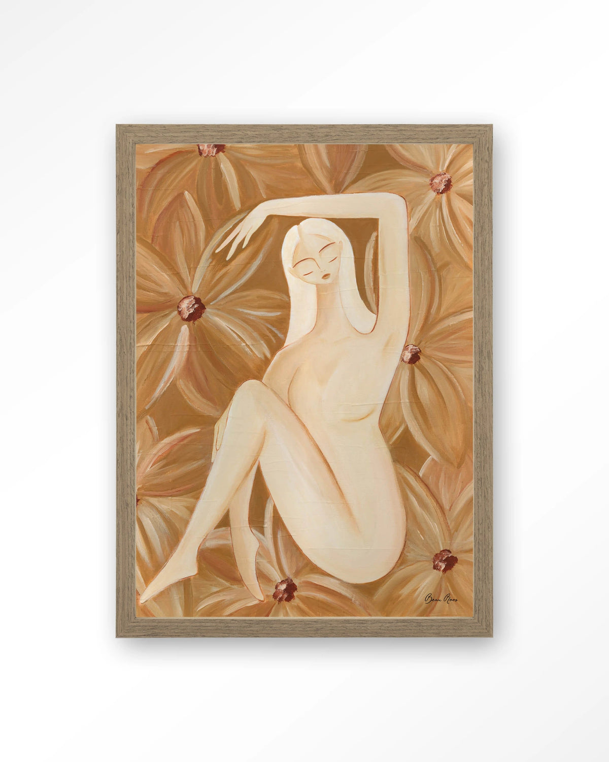 Freely Blooming – vrouw in bruine bloemen – Art print – Hout bruin