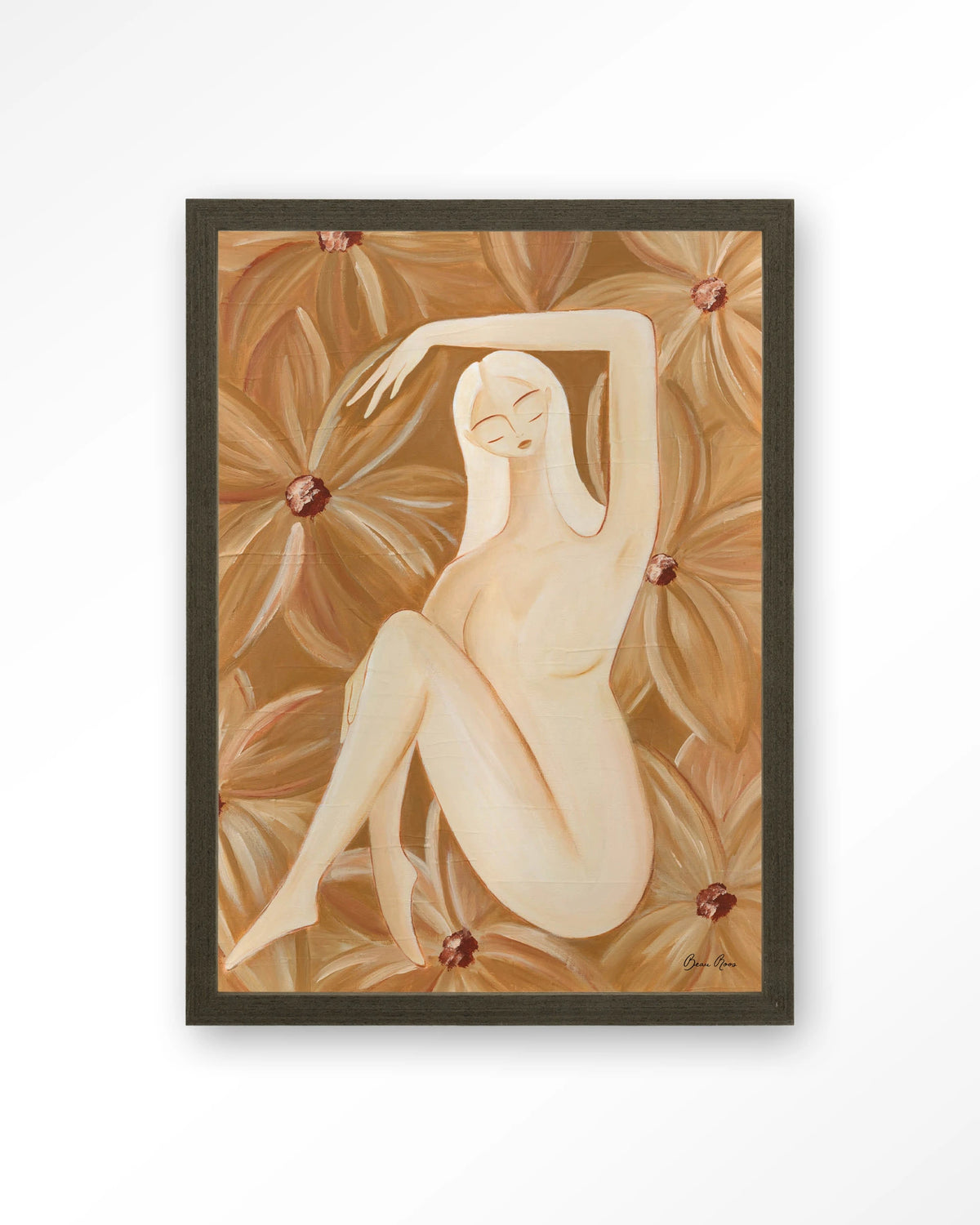 Freely Blooming – vrouw in bruine bloemen – Art print – Hout donkerbruin