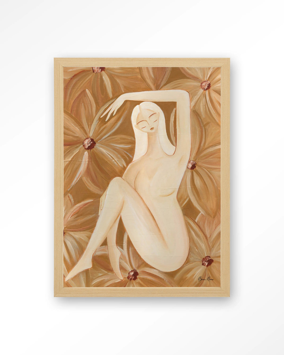 Freely Blooming – vrouw in bruine bloemen – Art print – Hout naturel