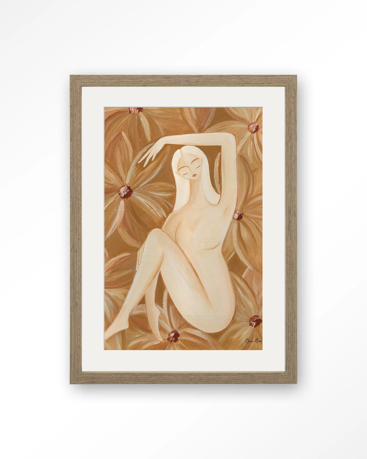 Freely Blooming – vrouw in bruine bloemen – Art print – Hout bruin + passe-partout