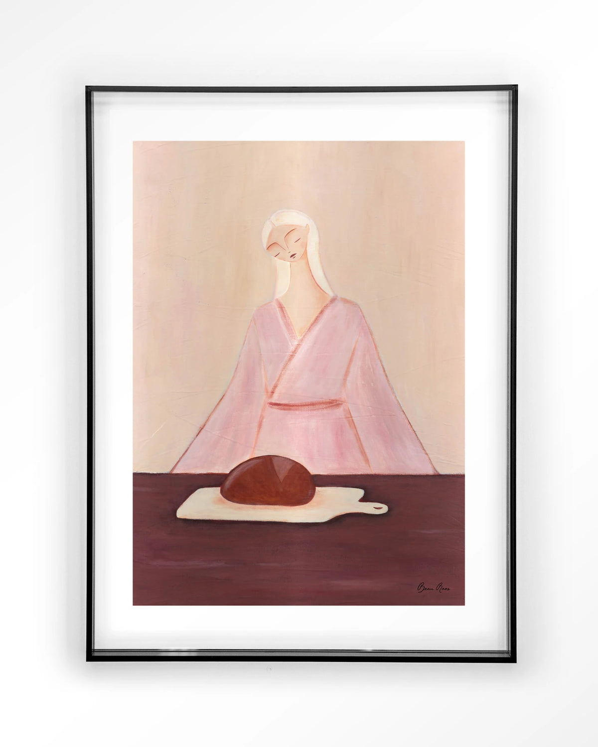 Homemade Sourdough – vrouw met brood in roze – Art print – Acryl zwart