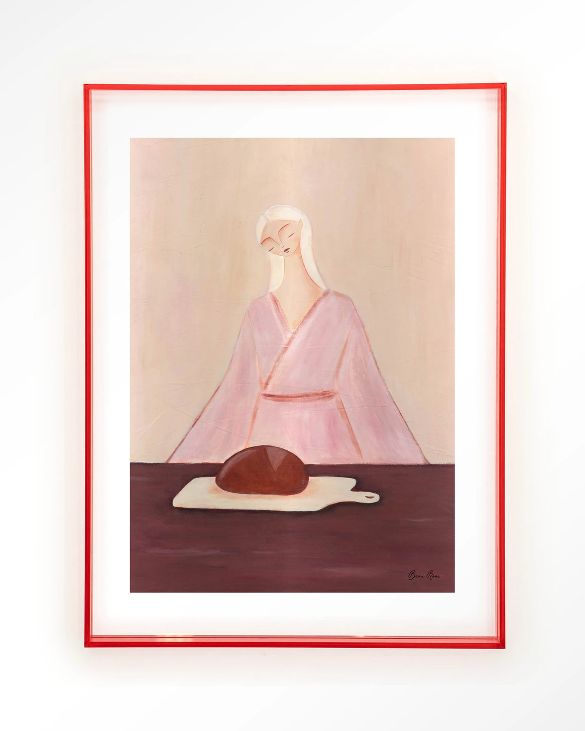 Homemade Sourdough – vrouw met brood in roze – Art print – Acryl roze