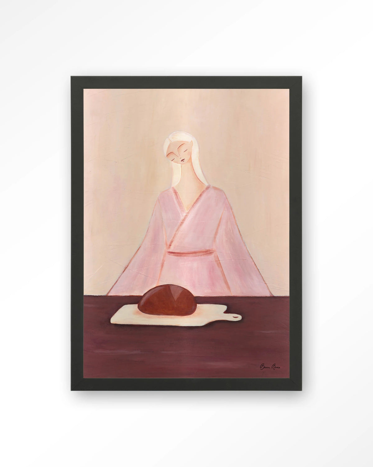 Homemade Sourdough – vrouw met brood in roze – Art print – Hout zwart