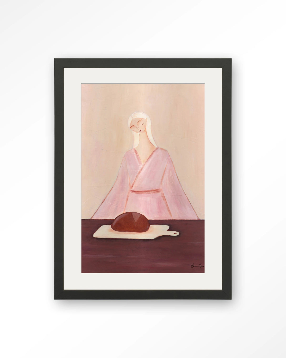 Homemade Sourdough – vrouw met brood in roze – Art print – Hout zwart + passe-partout