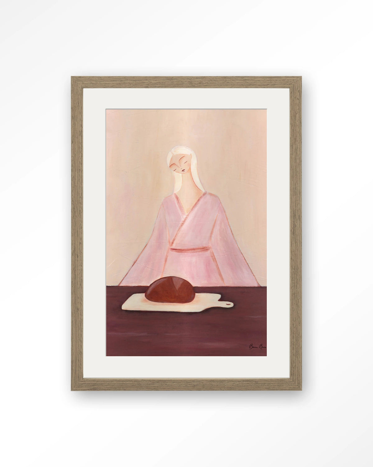 Homemade Sourdough – vrouw met brood in roze – Art print – Hout bruin + passe-partout