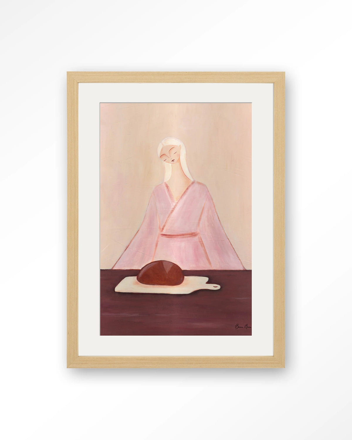 Homemade Sourdough – vrouw met brood in roze – Art print – Hout naturel + passe-partout
