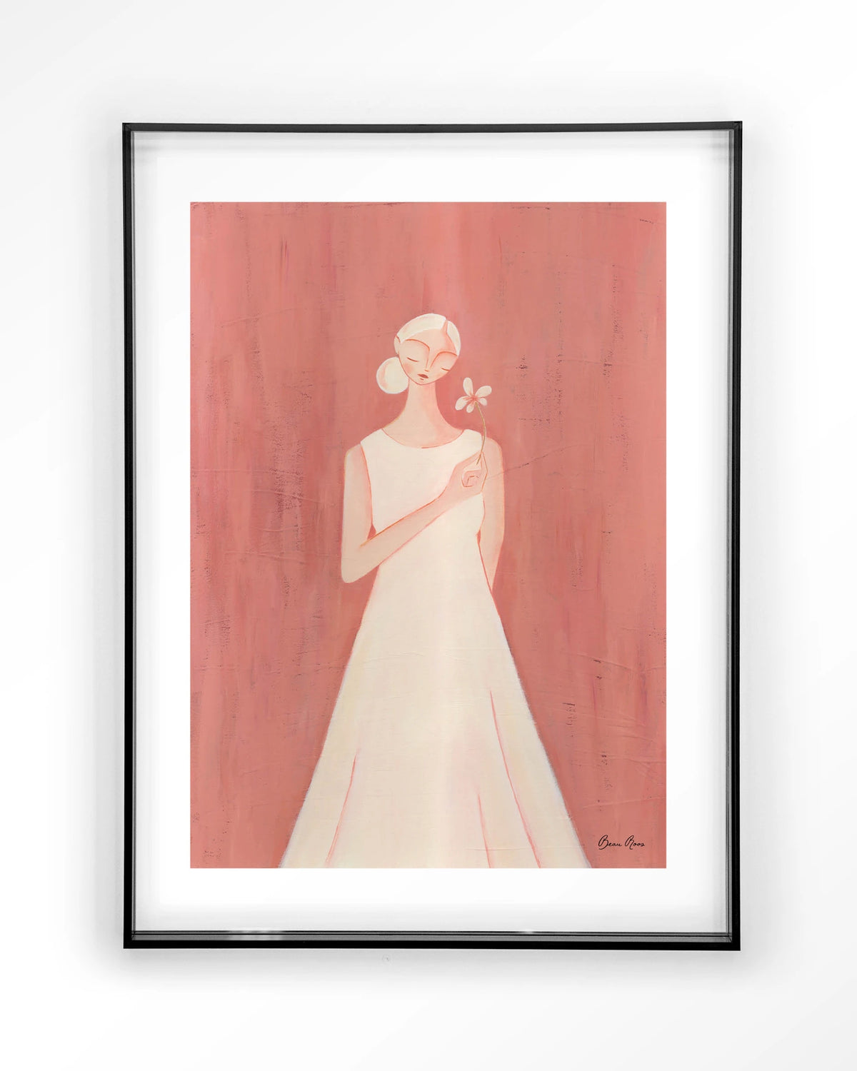 Polly – vrouw in witte jurk op roze achtergrond – Art print – Acryl zwart