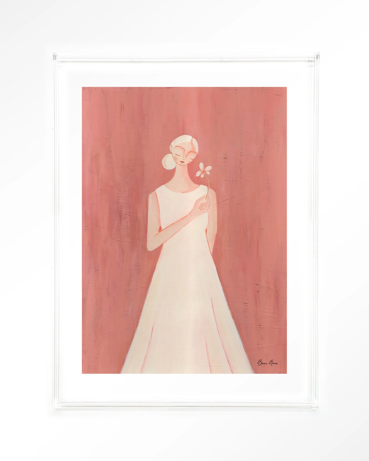 Polly – vrouw in witte jurk op roze achtergrond – Art print – Acryl doorzichtig