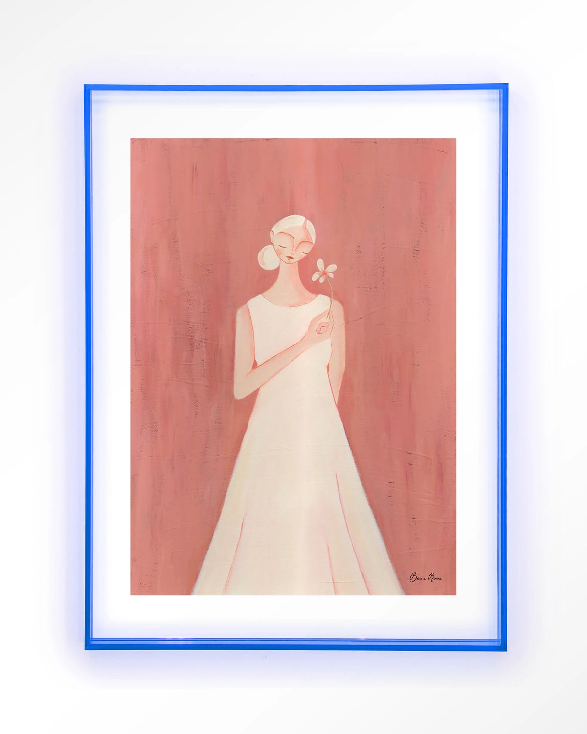 Polly – vrouw in witte jurk op roze achtergrond – Art print – Acryl lichtblauw