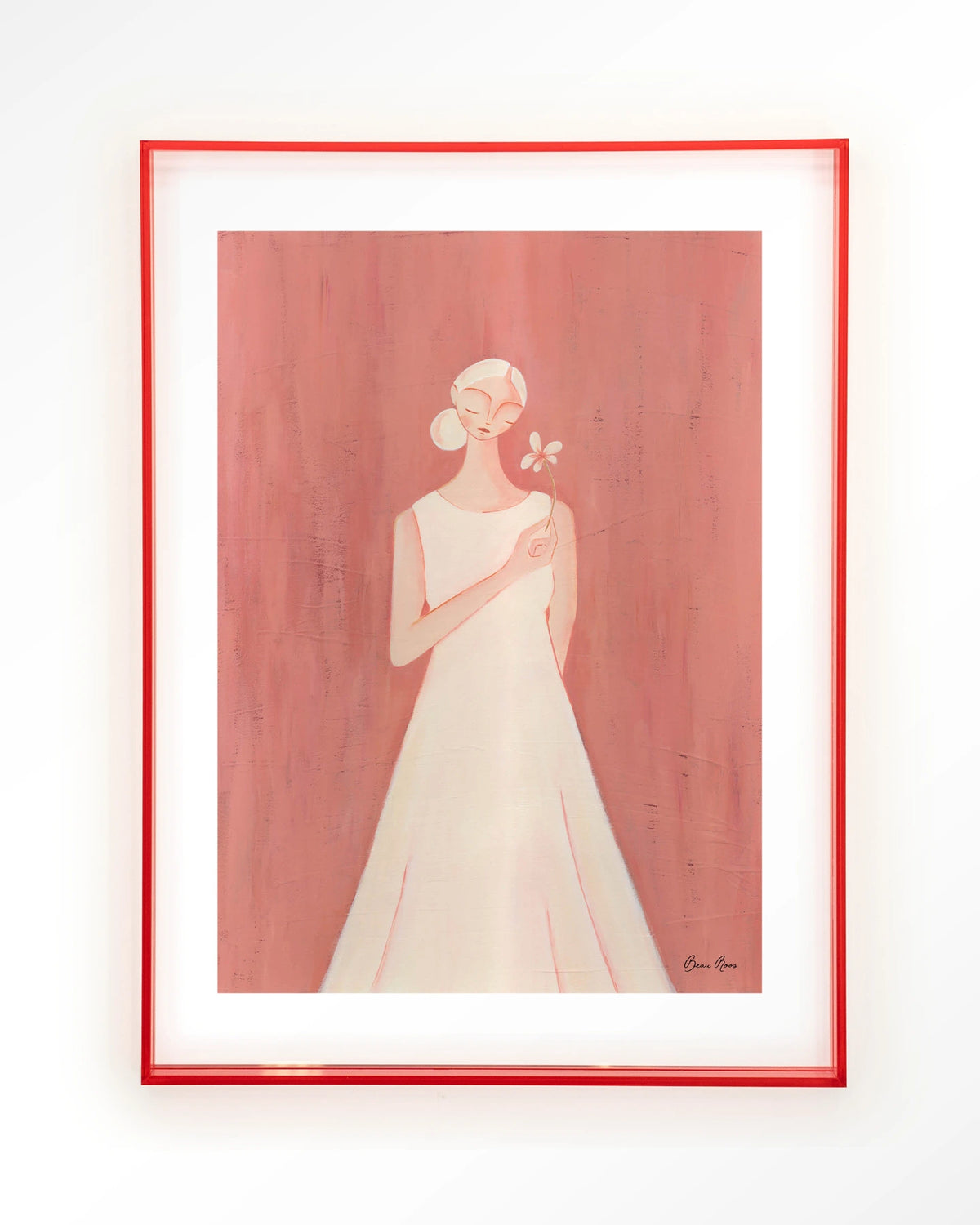 Polly – vrouw in witte jurk op roze achtergrond – Art print – Acryl roze