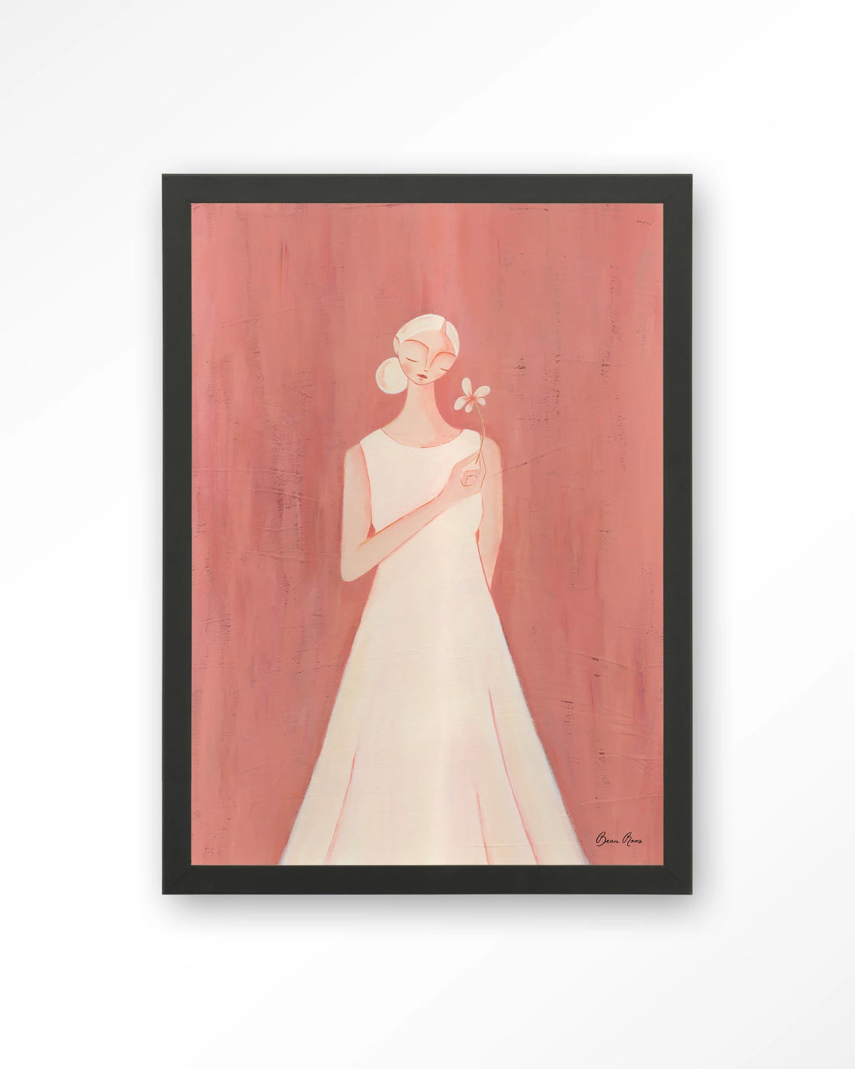 Polly – vrouw in witte jurk op roze achtergrond – Art print – Hout zwart