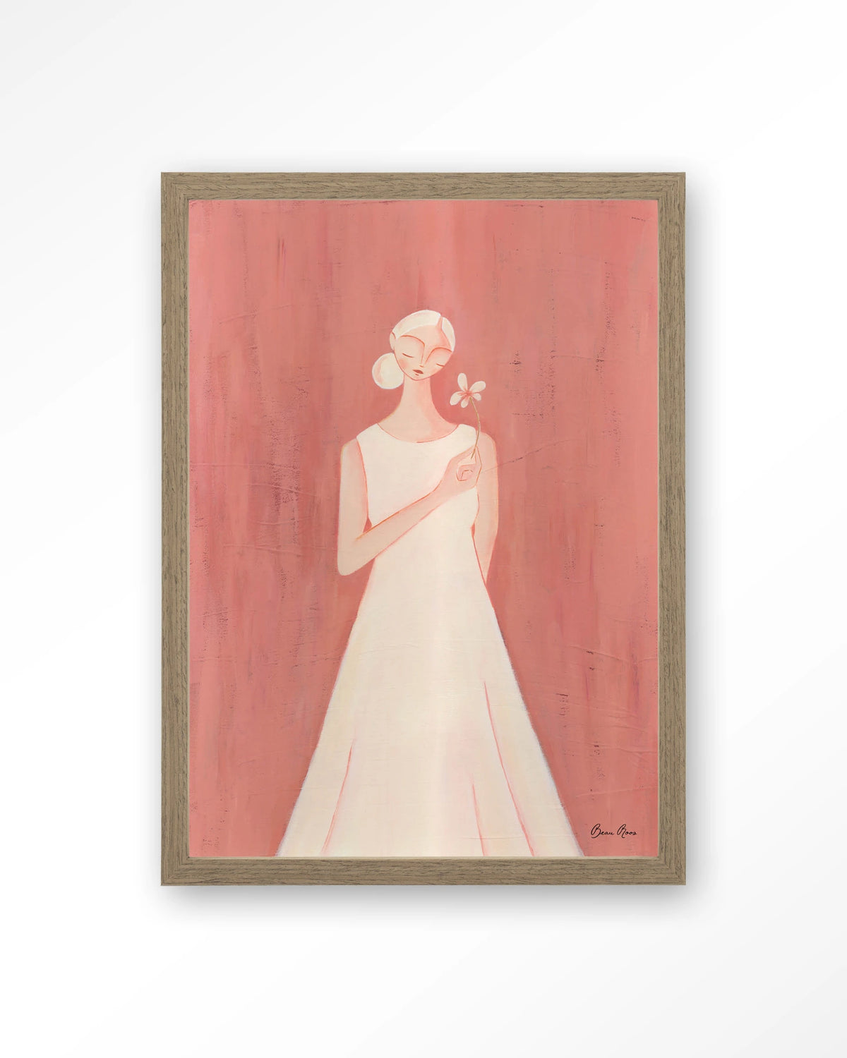 Polly – vrouw in witte jurk op roze achtergrond – Art print – Hout bruin