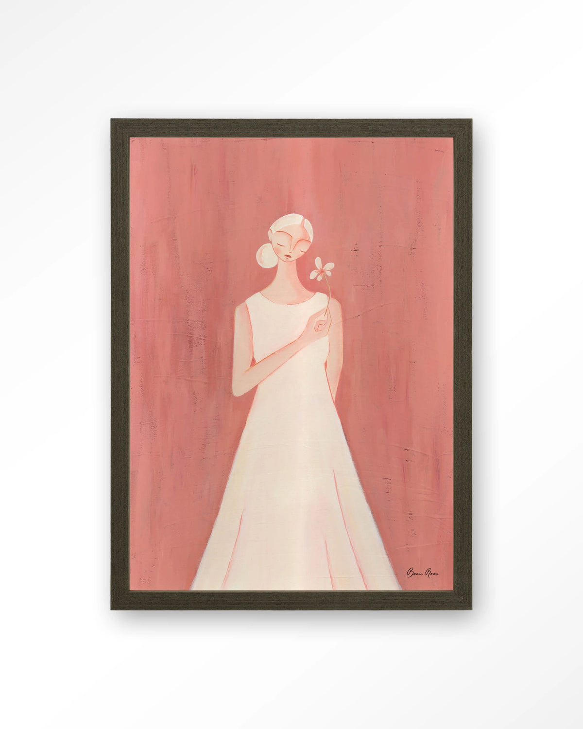 Polly – vrouw in witte jurk op roze achtergrond – Art print – Hout donkerbruin