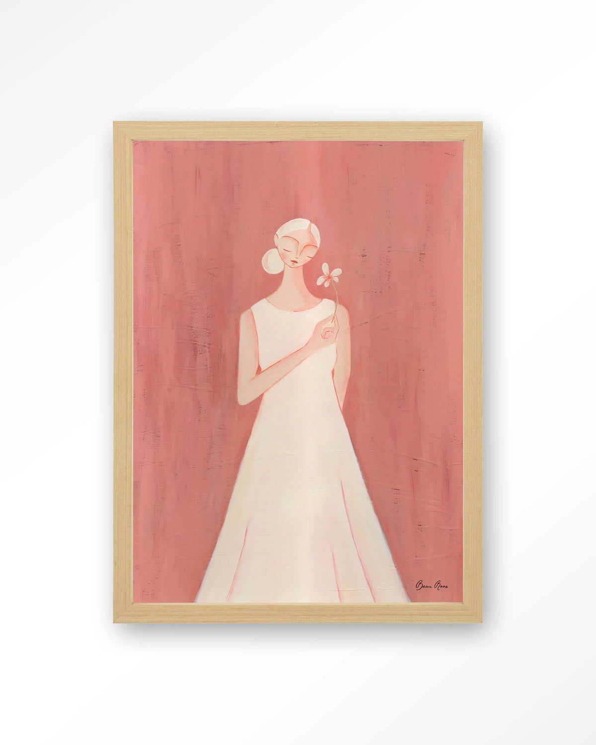 Polly – vrouw in witte jurk op roze achtergrond – Art print – Hout naturel